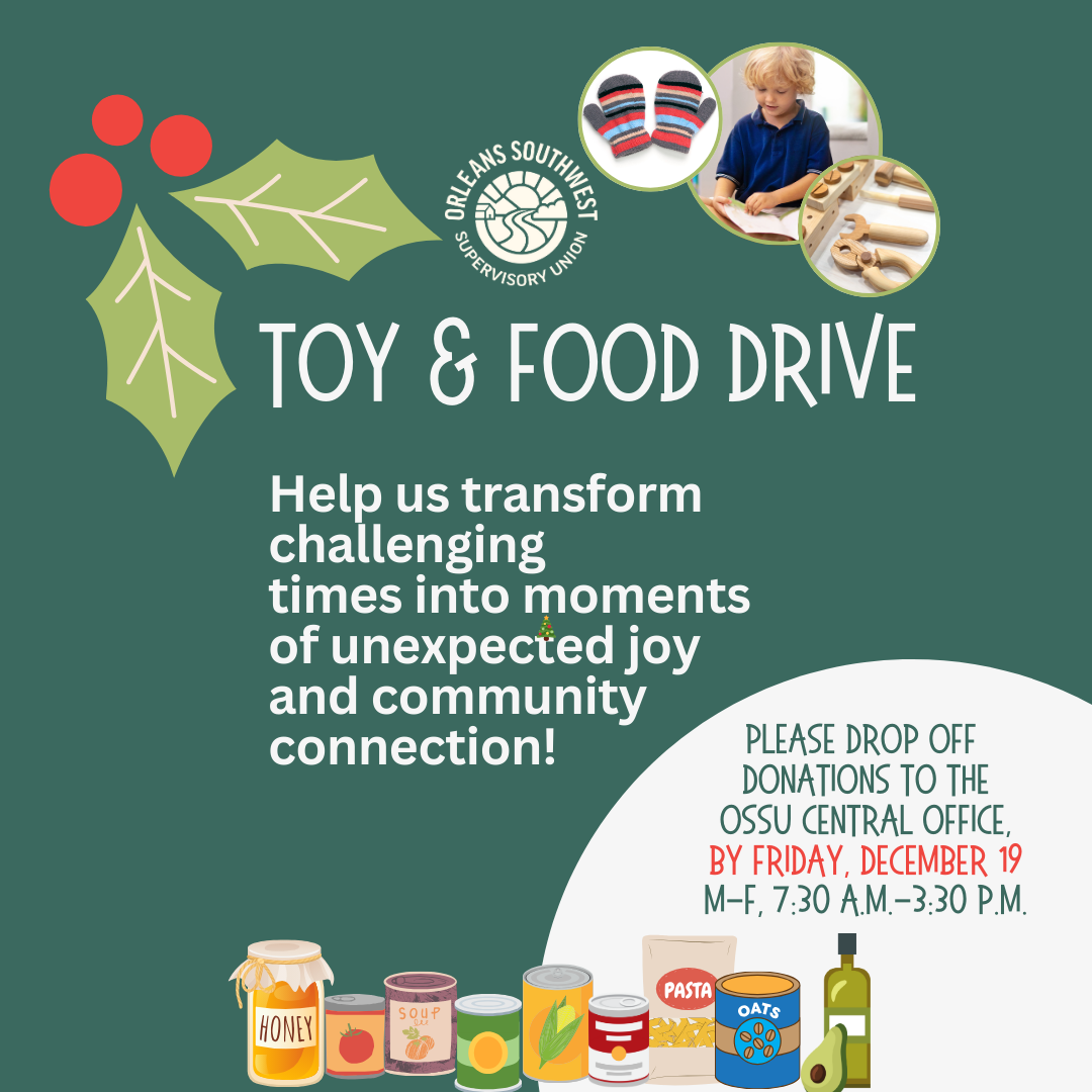 images of holly, children's toys, and canned and dry food